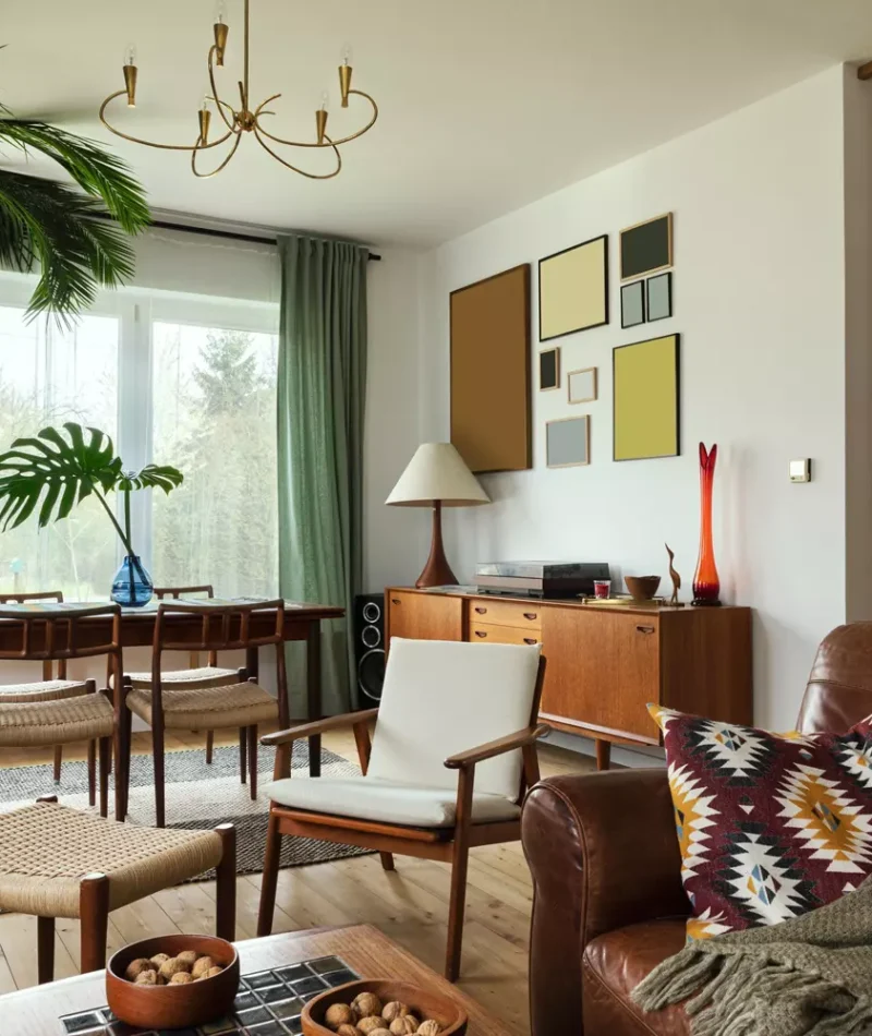 Mid-century modern living and dining room with leather sofa, wooden furniture, plants, and abstract art.